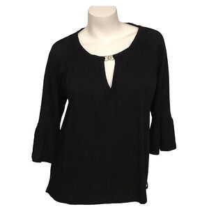 Michael Kors Black Blouse Keyhole Gold Hardware Bell Sleeve Top Medium